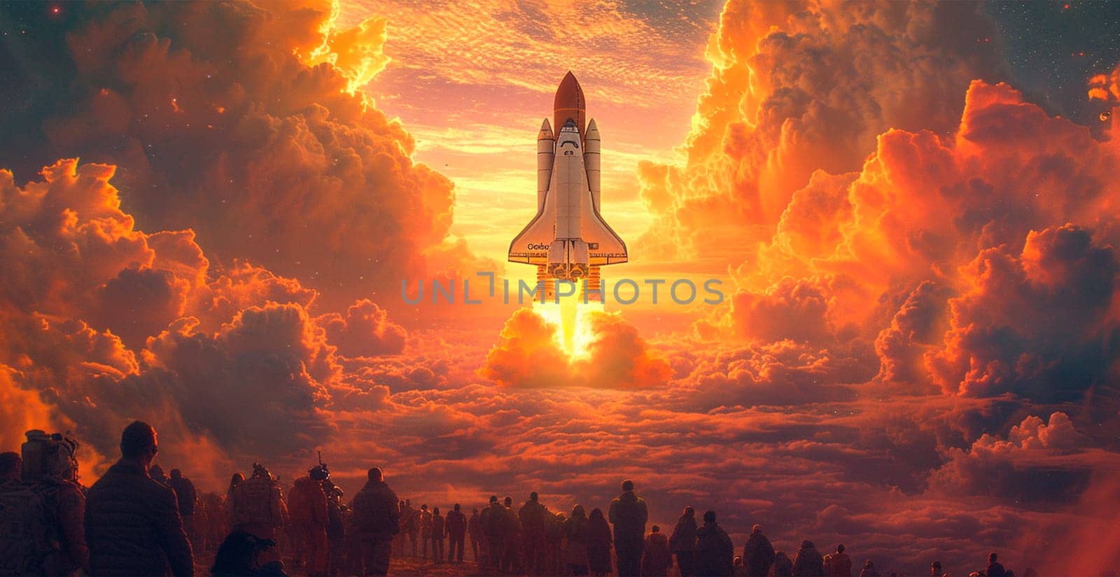 Launching a NASA spacecraft into space from Earth. Rocket flying to Mars, Moon, ISS AI generated image