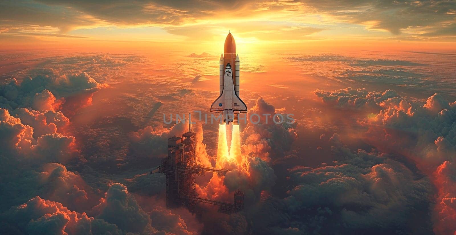 Launching a NASA spacecraft into space from Earth. Rocket flying to Mars, Moon, ISS AI generated image