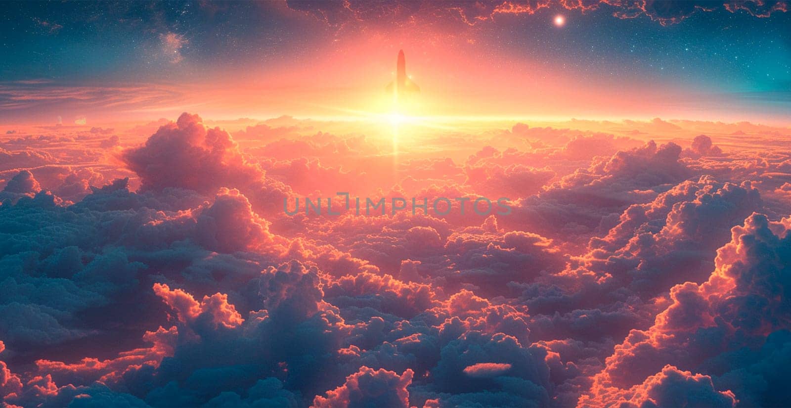 Launching a NASA spacecraft into space from Earth. Rocket flying to Mars, Moon, ISS AI generated image