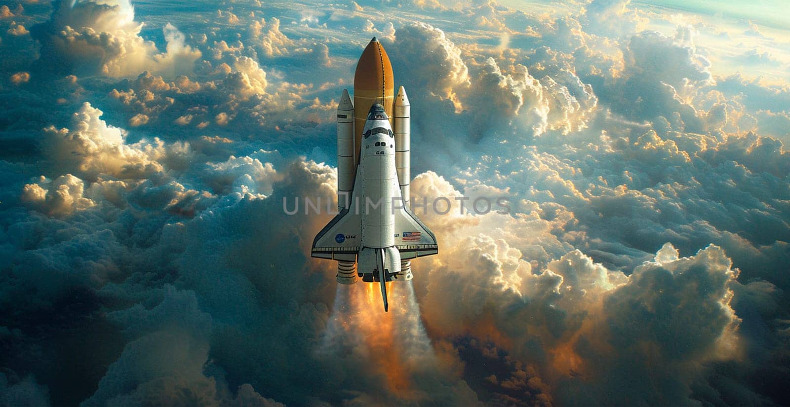 Launching a NASA spacecraft into space from Earth. Rocket flying to Mars, Moon, ISS AI generated image