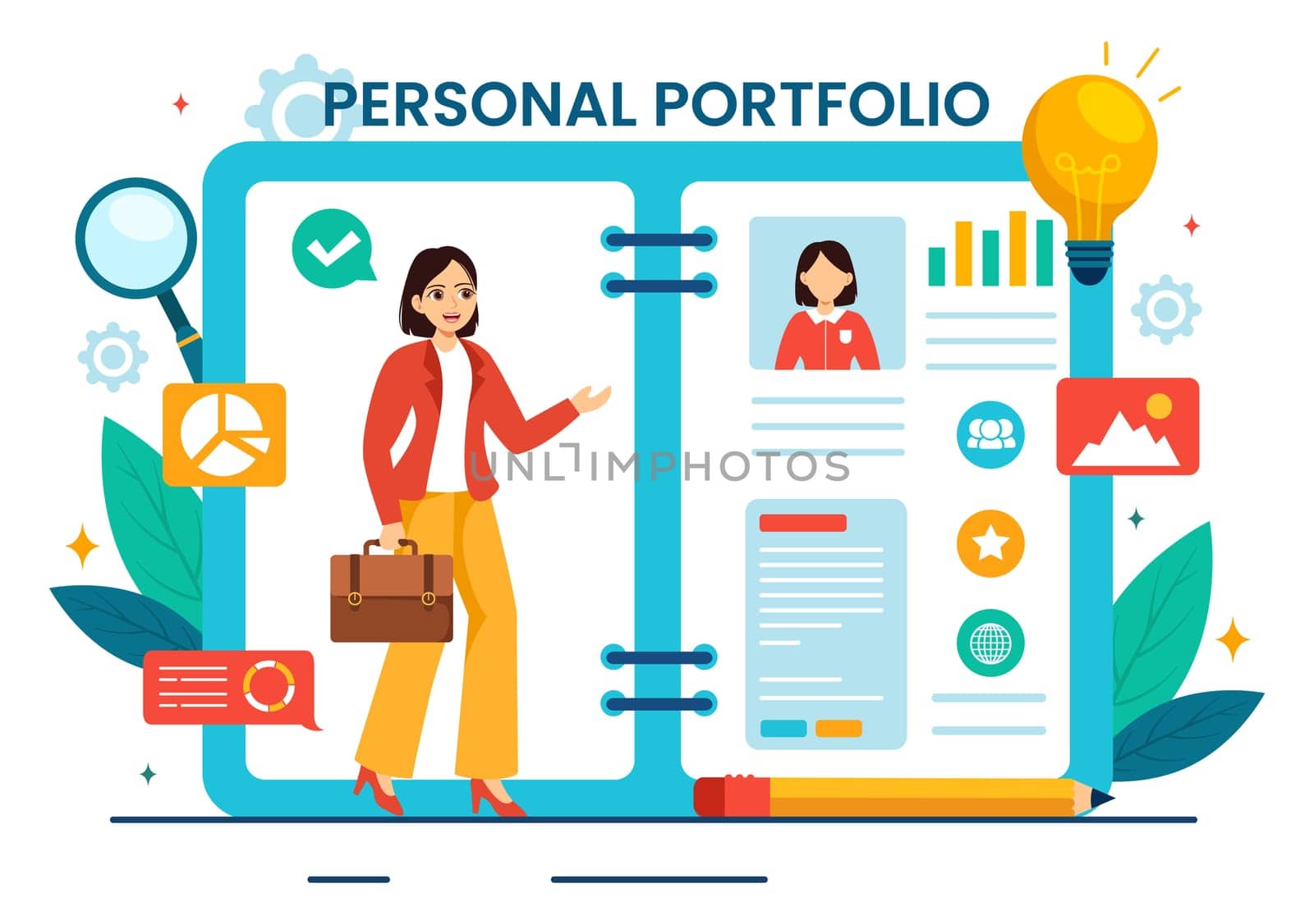 Personal Portfolio Vector Illustration with Profile Data, Resume or Self Improvement to Attract Clients and Employers in Flat Cartoon Background