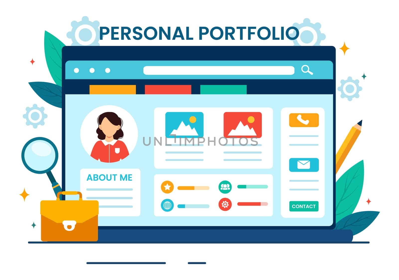 Personal Portfolio Vector Illustration with Profile Data, Resume or Self Improvement to Attract Clients and Employers in Flat Cartoon Background