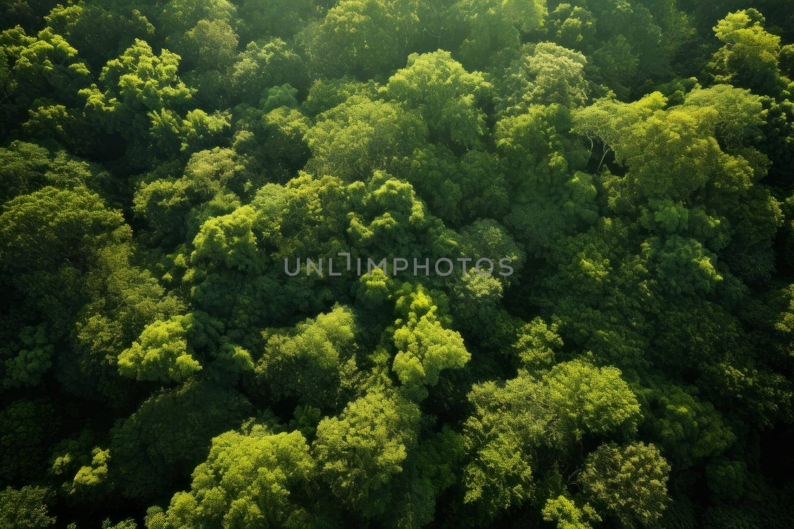 Aerial View of Sun-Dappled Forest Canopy. Generative AI