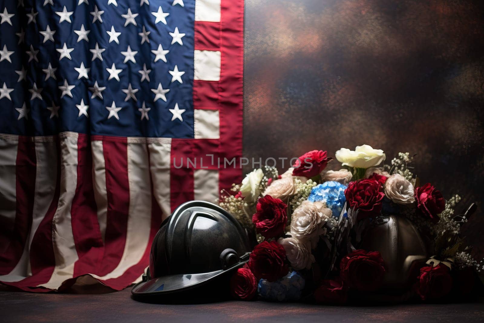 An American flag backdrop illuminating a firefighter's helmet. Generative AI