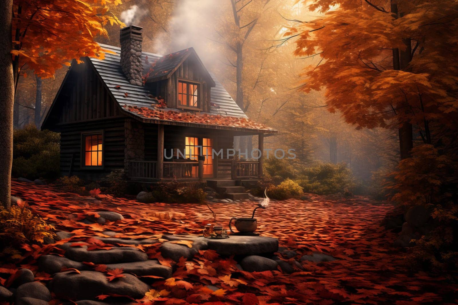 Cozy cabin with smoke rising from the chimney. Generative AI