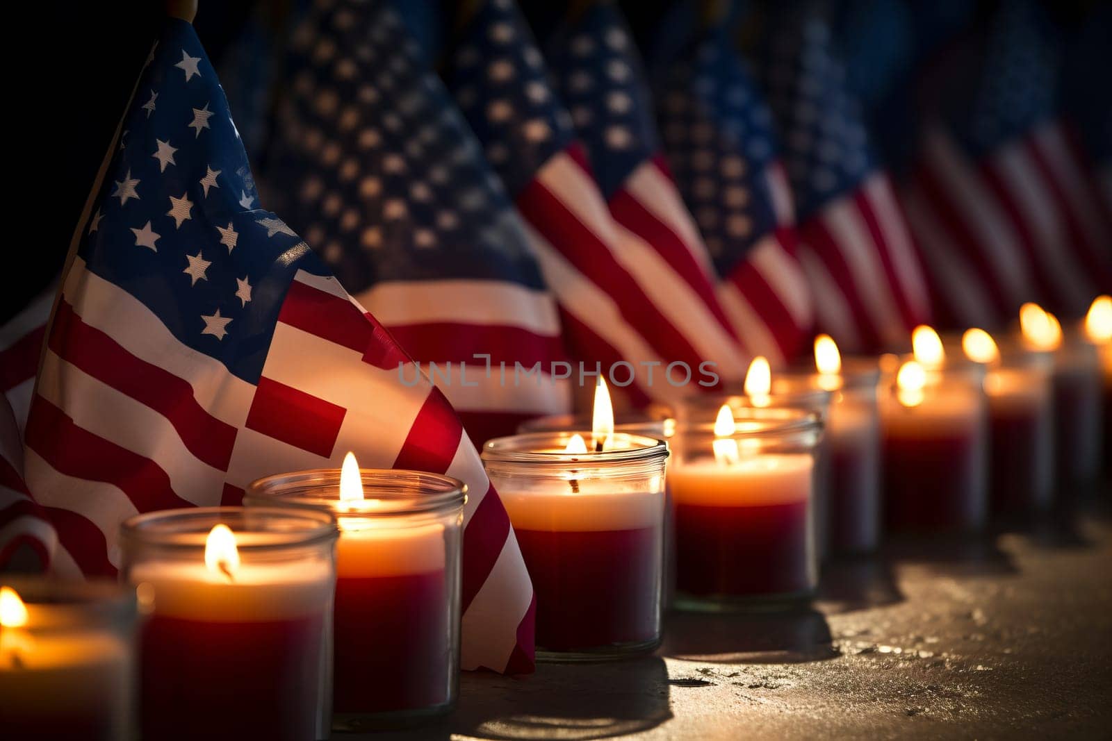 Flag Over Memorial Candles. Generative AI