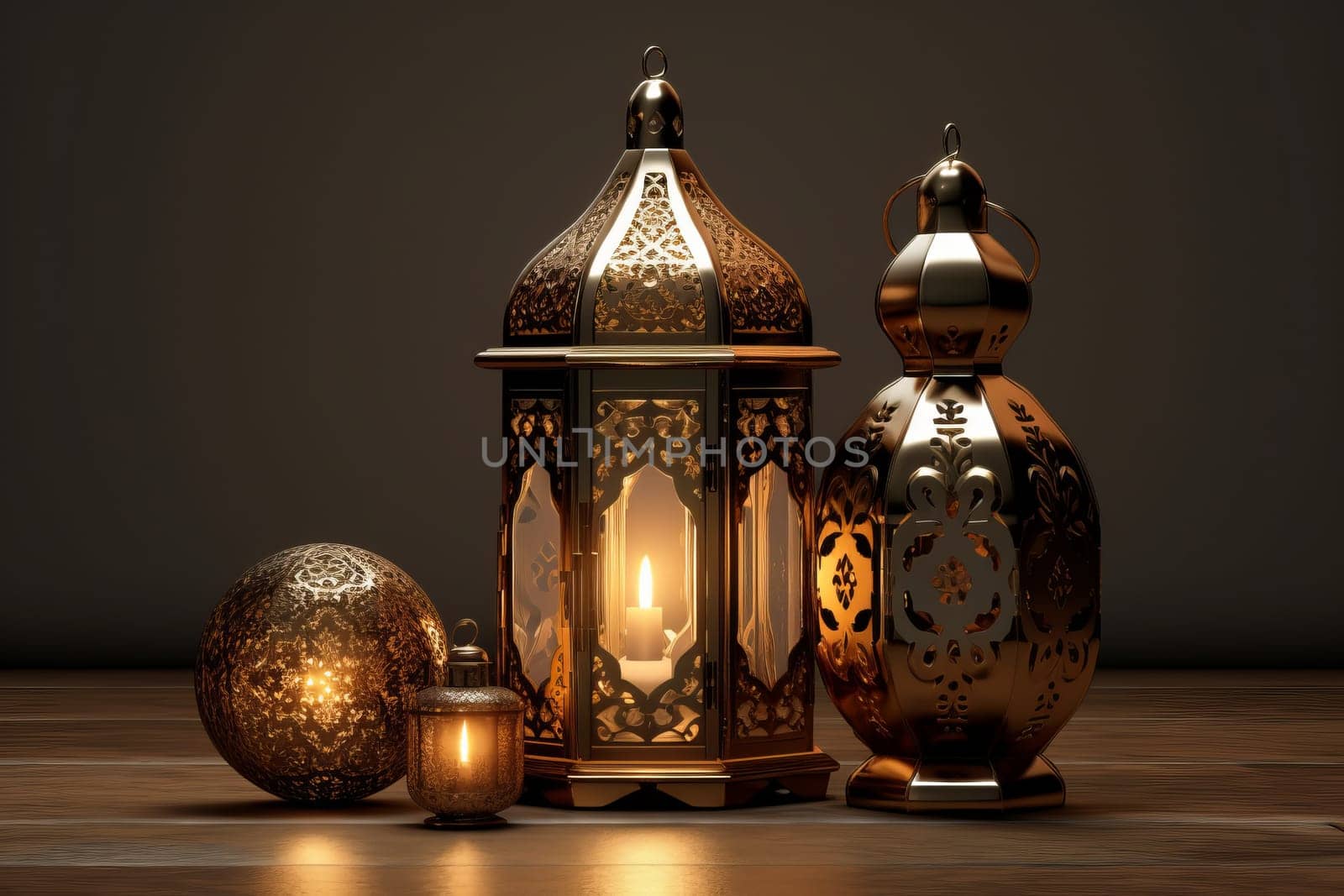 Pair of elegant golden lanterns on a rustic wooden table. Generative AI