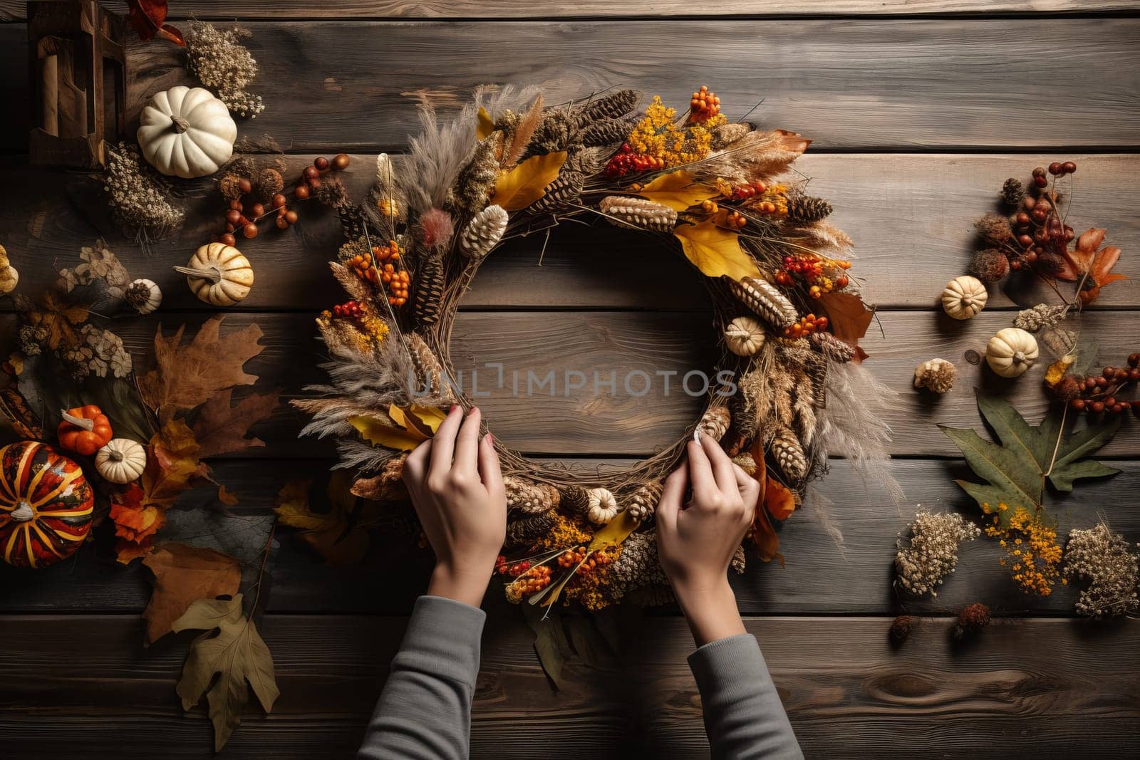 Person's hands crafting a fall wreath with leaves. Generative AI