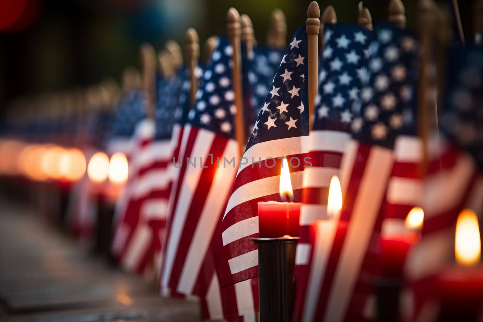 Flag Proudly Over Memorial Candles. Generative AI