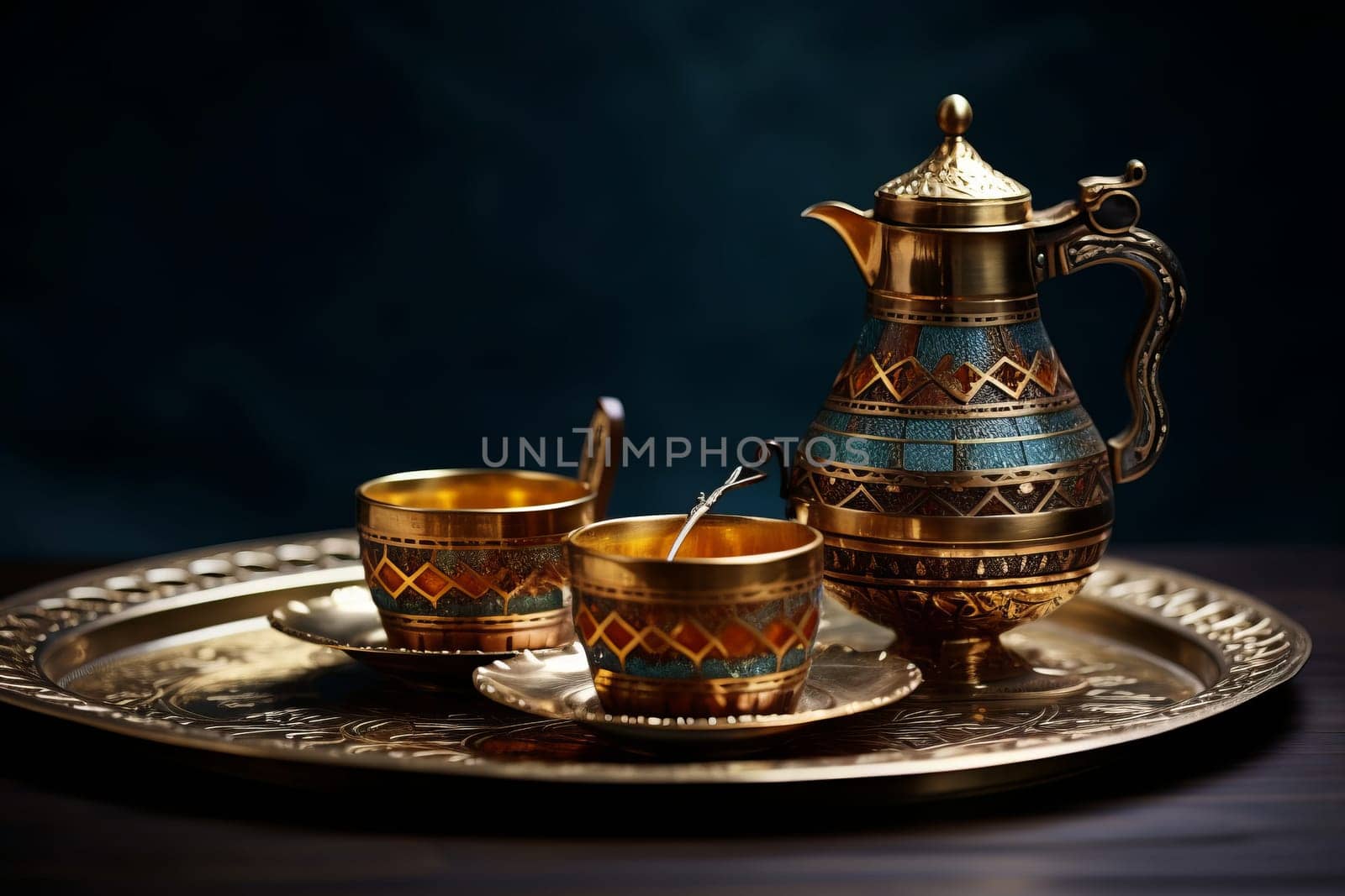 Tea set on a tray on a table. Generative AI