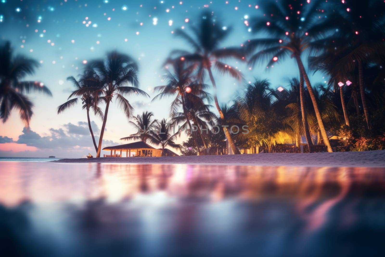 A tropical beach with palm trees and a gazebo. Generative AI