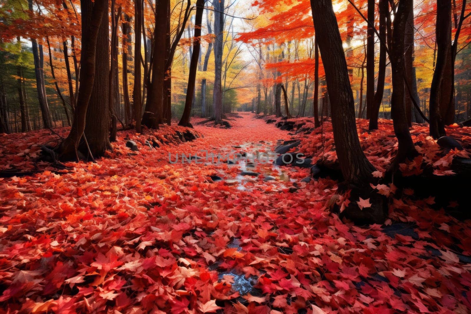 Colorful Autumn Leaves on Forest Floor. Generative AI