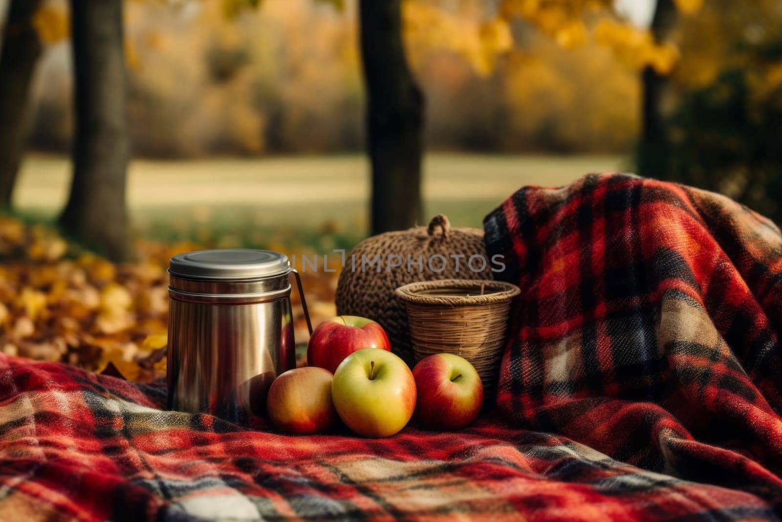 Autumn Picnic with Plaid Blanket. Generative AI
