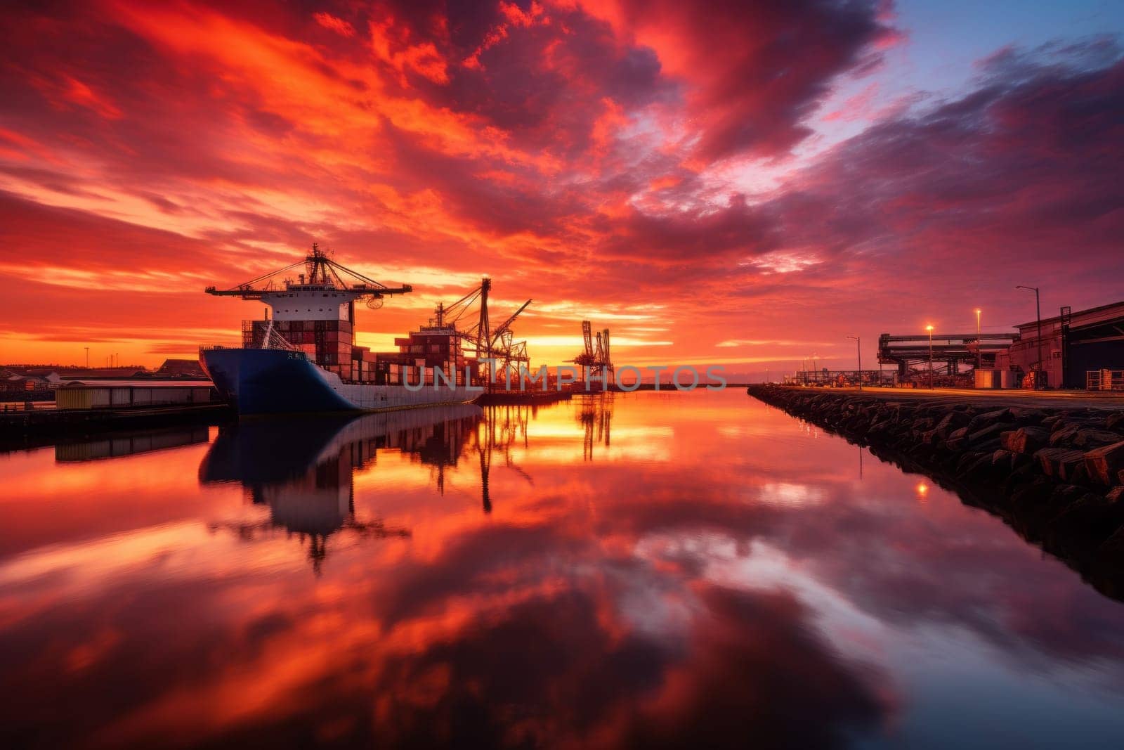 Sunset at the Cargo Port. Generative AI