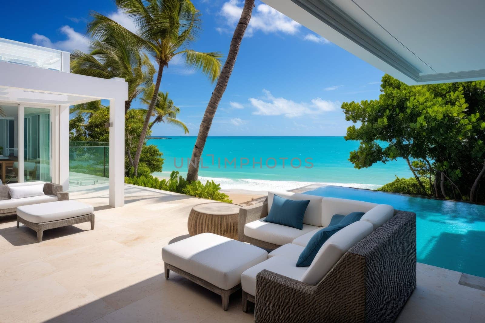 Beach house tranquility with a private pool and panoramic ocean. Generative AI