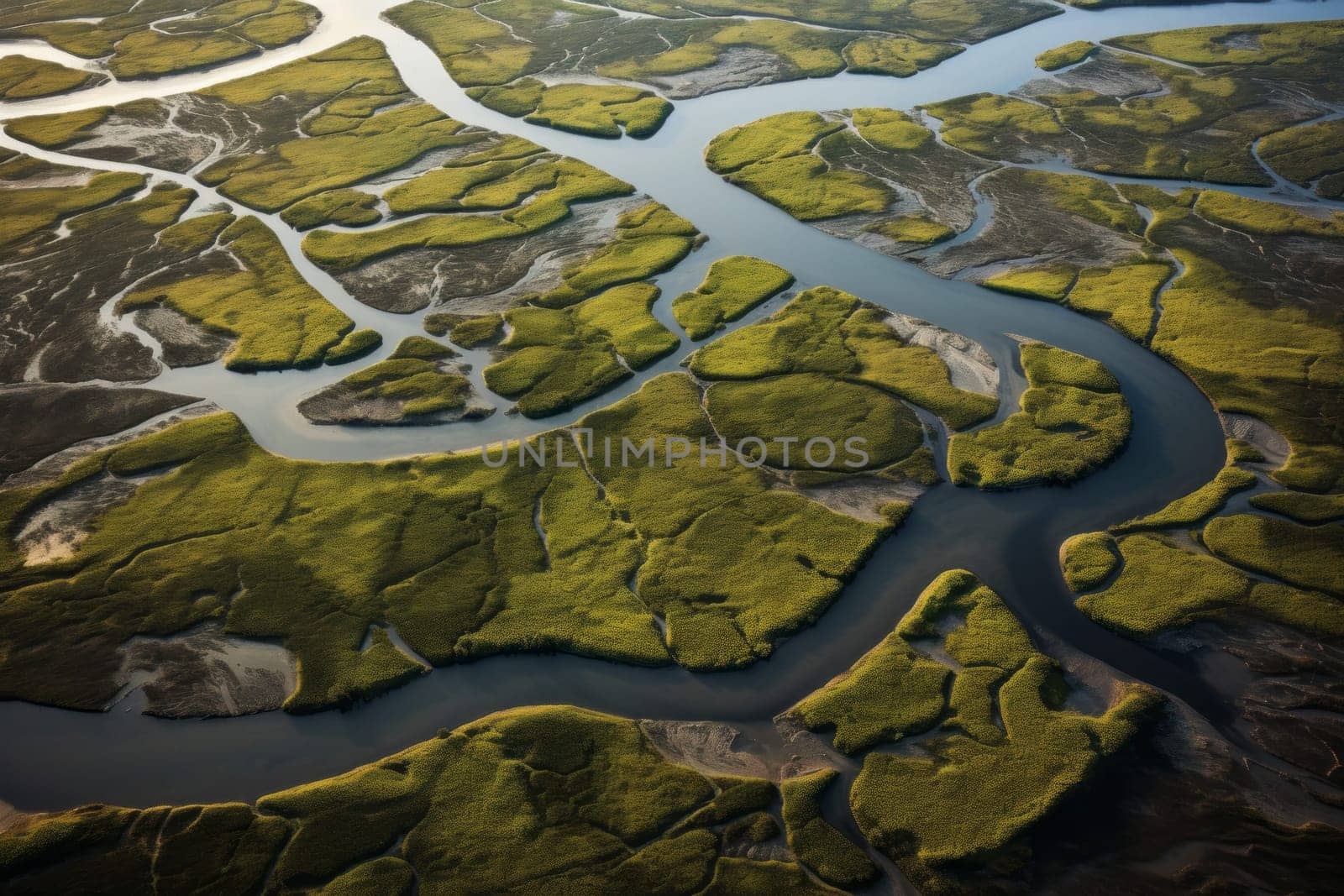 River Delta in Marshy Wetlands. Generative AI