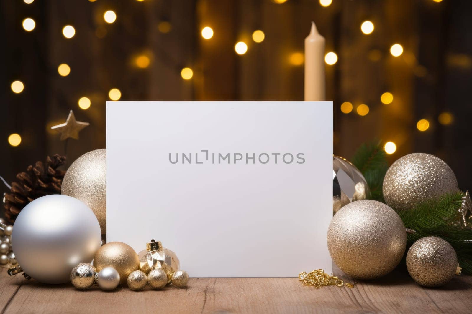White sheet of paper surrounded by christmas decorations. Generative AI