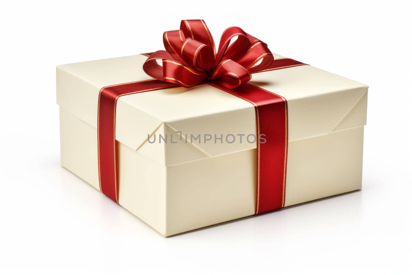 White box with a red ribbon and a bow. Generative AI