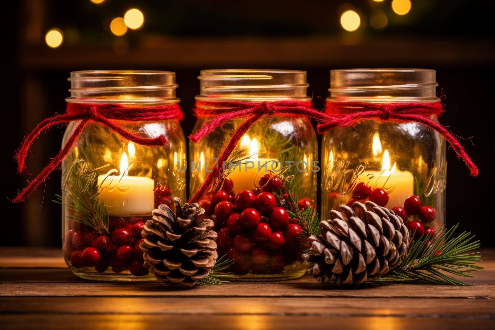Candlelit mason jars with holly berries. Generative AI