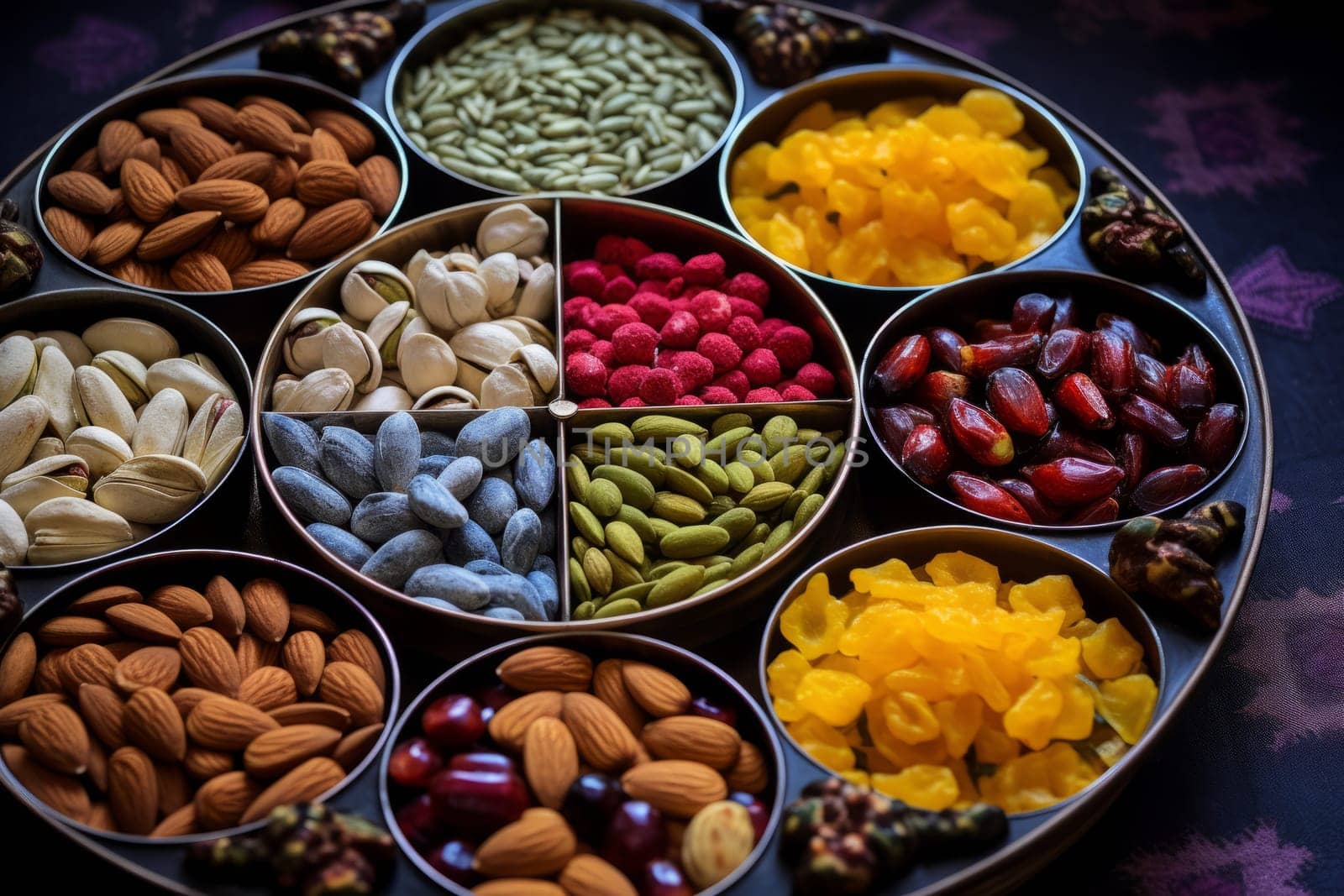 Variety of nuts and dried fruits arranged in a circle. Generative AI