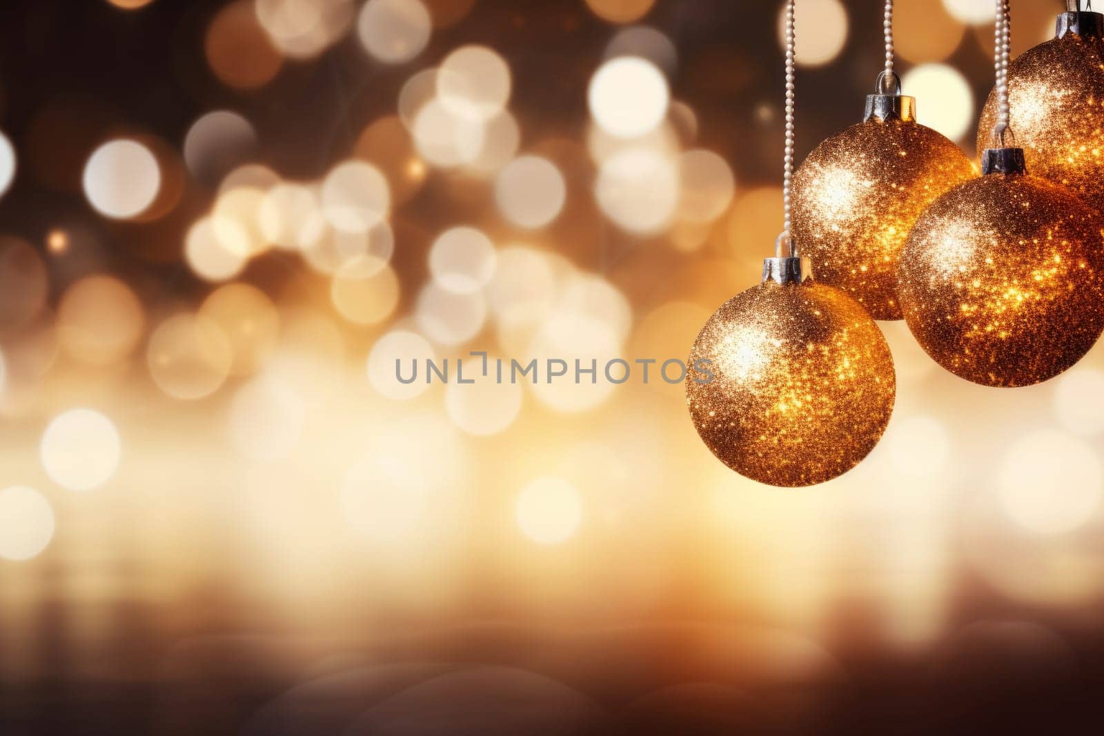 Group of golden christmas ornaments hanging from a string. Generative AI