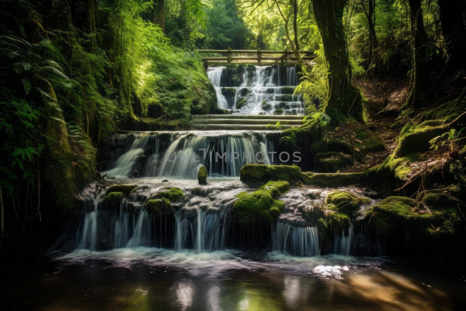 Cascading Waterfall in Lush Forest. Generative AI
