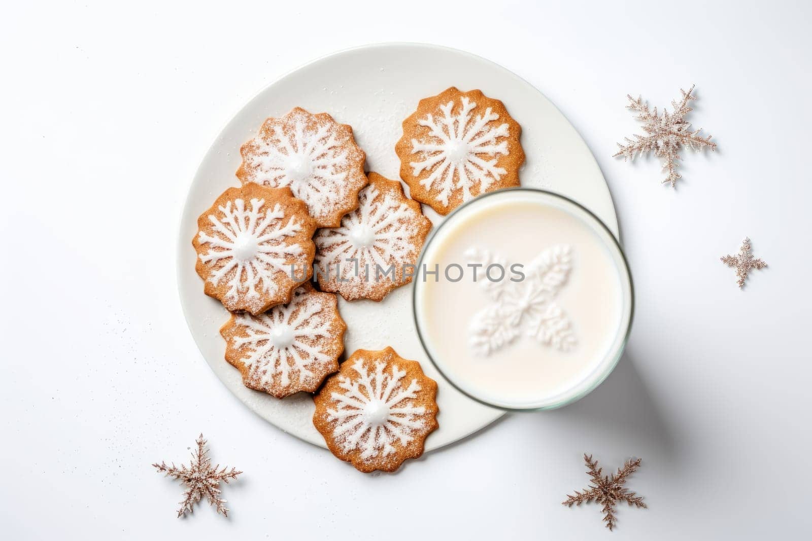 Christmas cookies and milk arranged on a white background. Generative AI