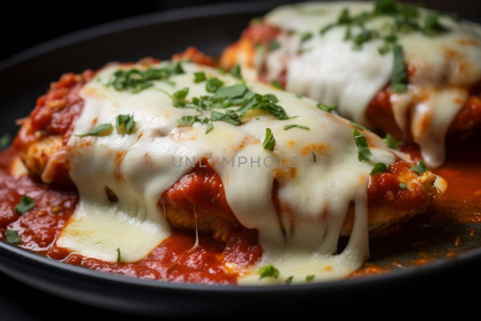 Bubbling cheese and marinara sauce on chicken parmigiana. Generative AI