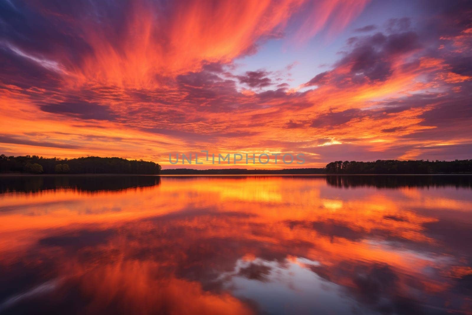 Beautiful sunset over a lake with clouds in the sky. Generative AI