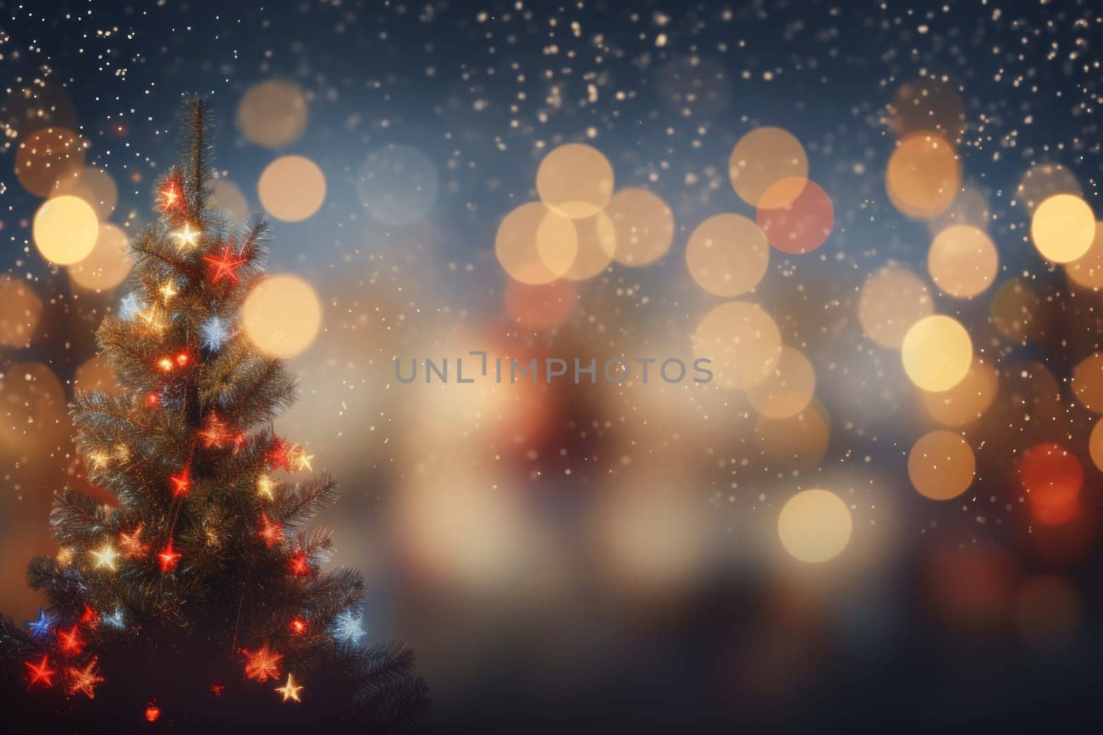 Blurry christmas tree with lights in the background. Generative AI