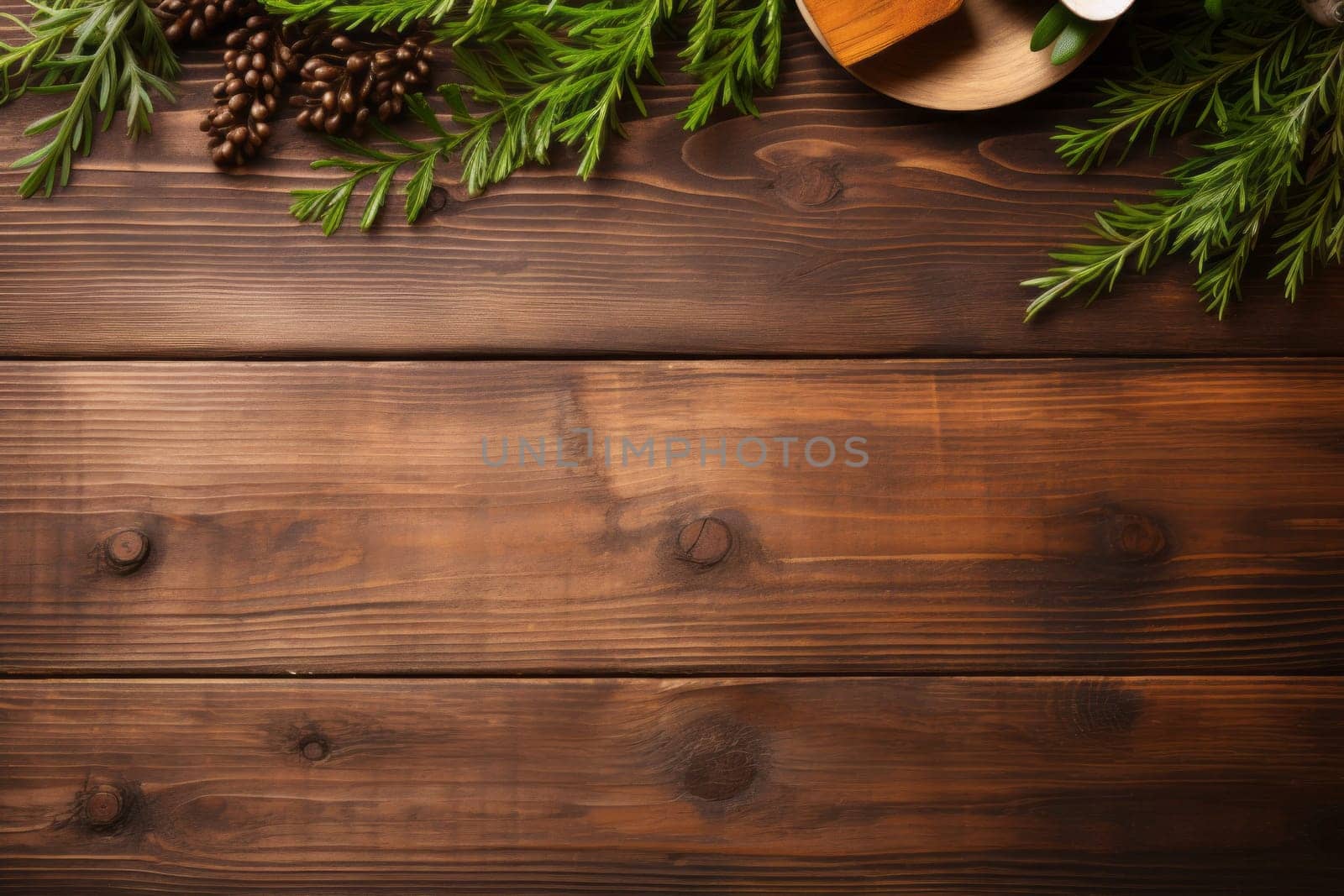 Wooden table topped with pine cones and other christmas decorations. Generative AI