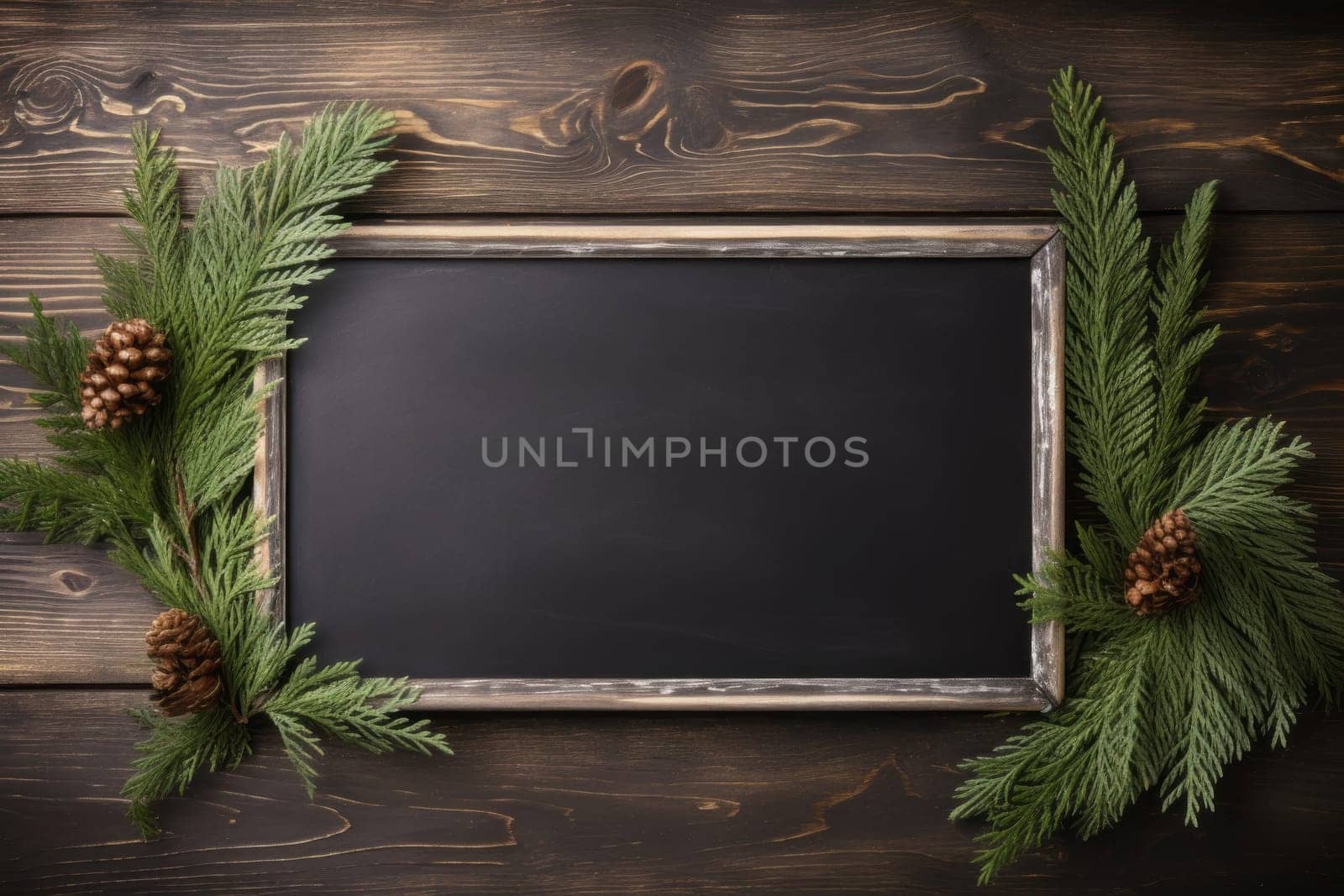 Wooden frame with pine cones and fir branches. Generative AI