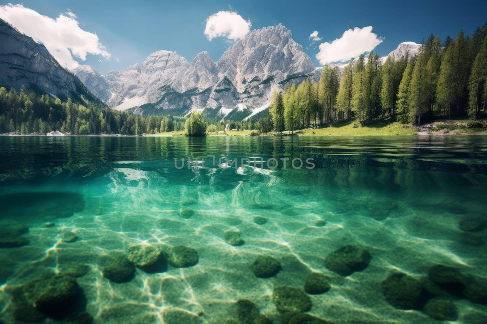 Serene mountain lake with crystal clear water. Generative AI