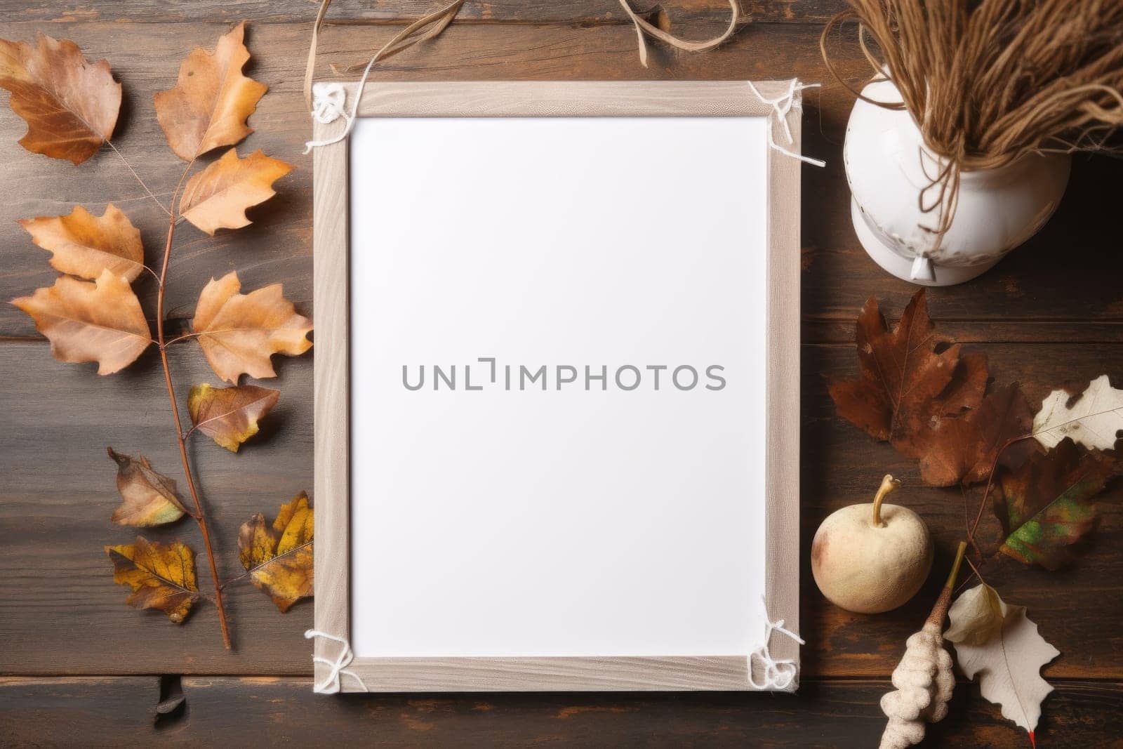 Charming fall mockup with a blank photo frame. Generative AI