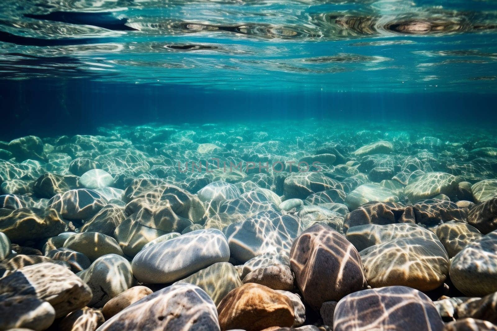 Crystal-clear water with visible pebbles. Generative AI