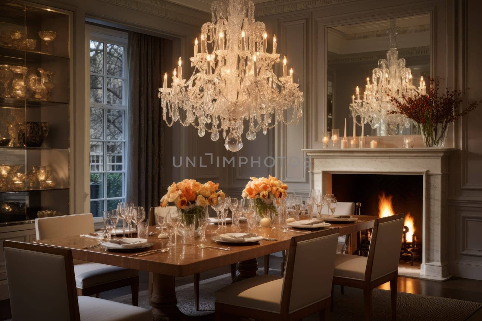 Dining room table with a chandelier above it. Generative AI