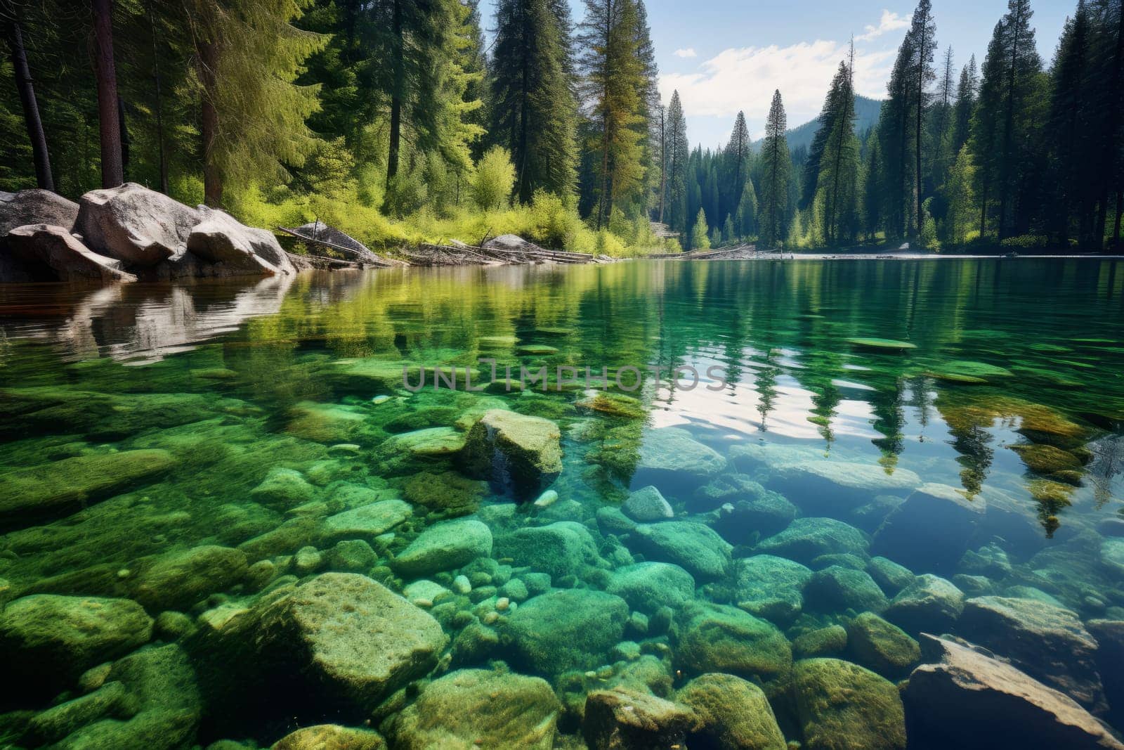 Body of water surrounded by trees and rocks. Generative AI