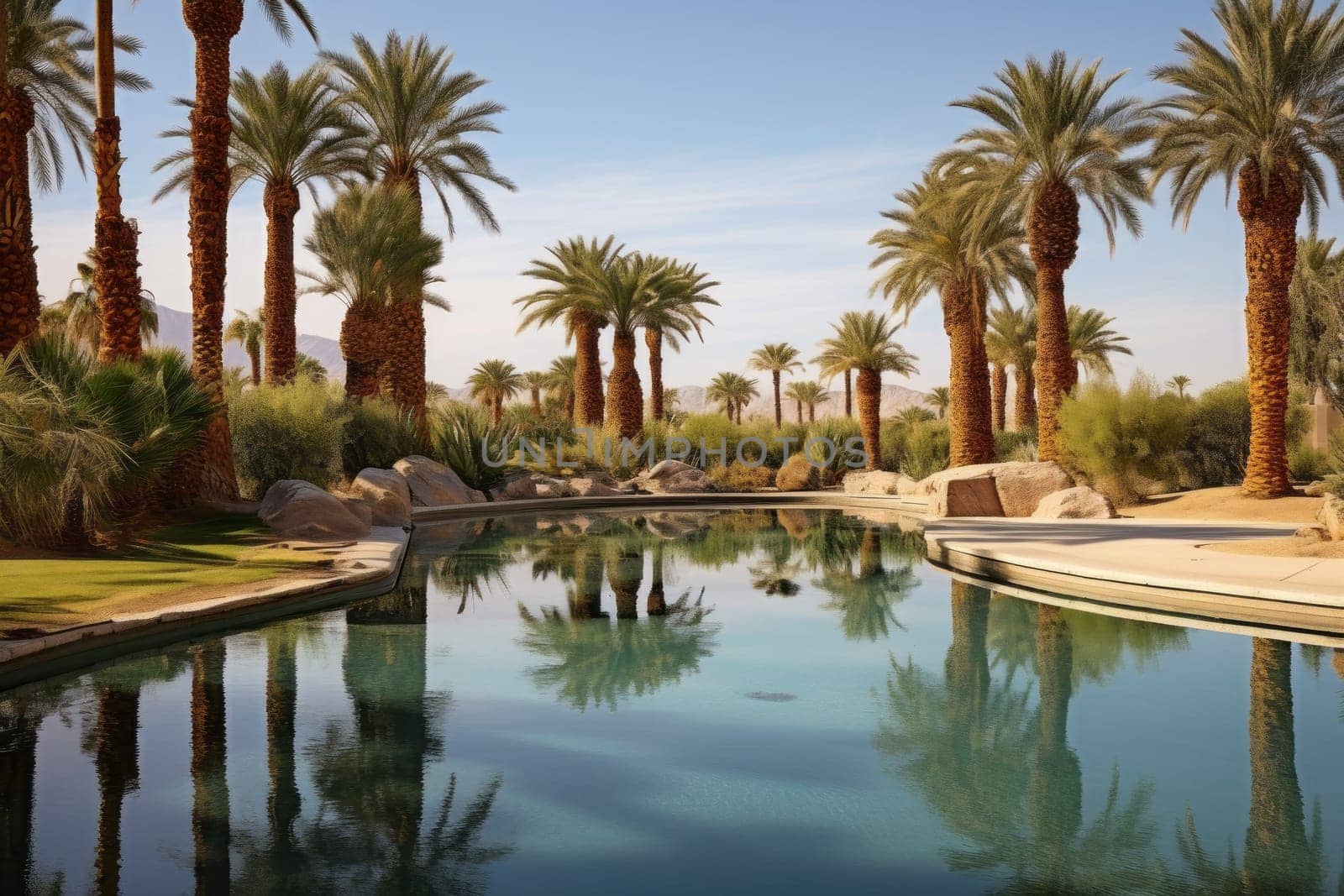 Palm Oasis with Reflecting Pool. Generative AI