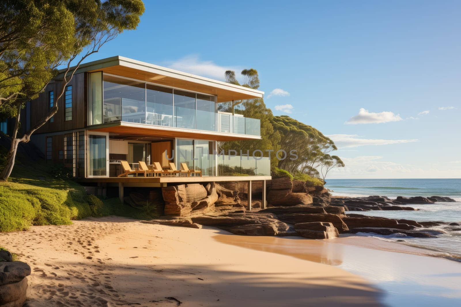 Beachfront house with stunning ocean view. Generative AI
