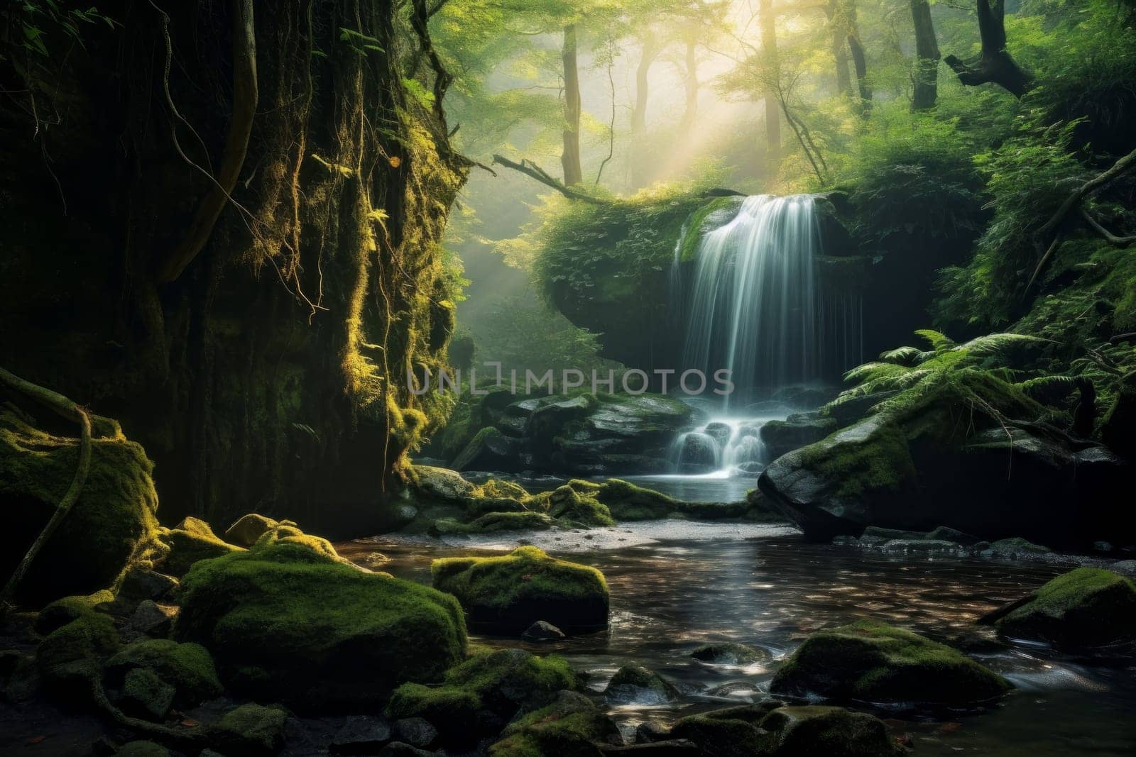 Forest with Hidden Waterfall. Generative AI