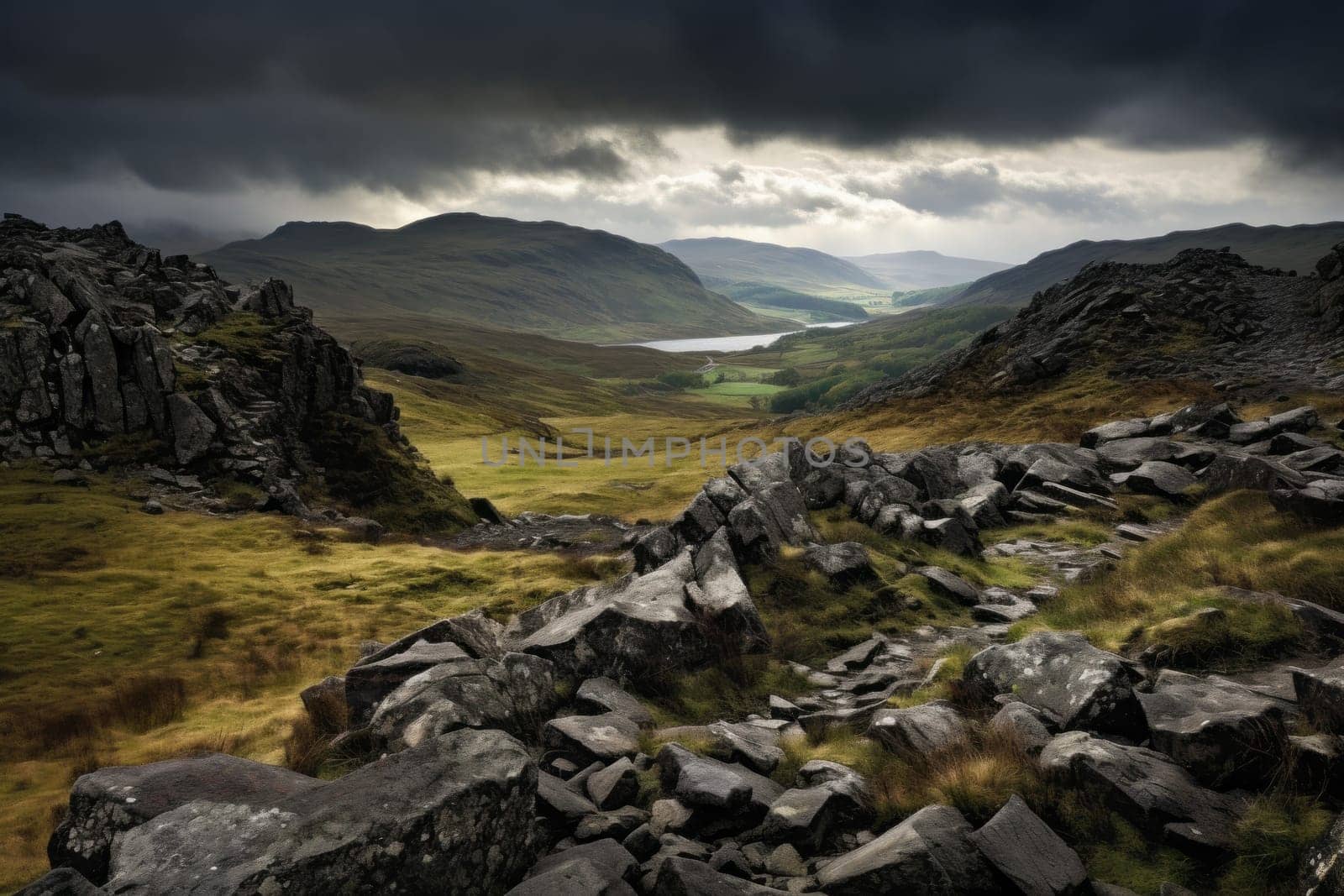 View of a mountain range with rocks and grass in the foreground. Generative AI