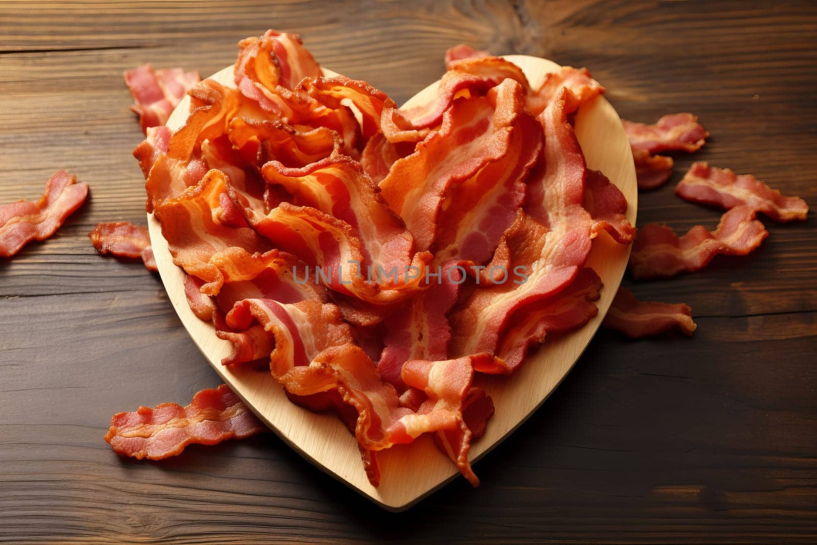 Crispy bacon strips arranged in a heart shape. Generative AI