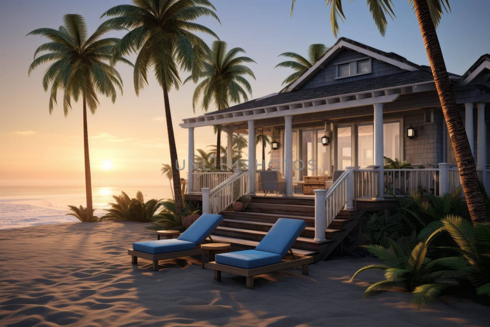 Cozy beach house and palm trees. Generative AI