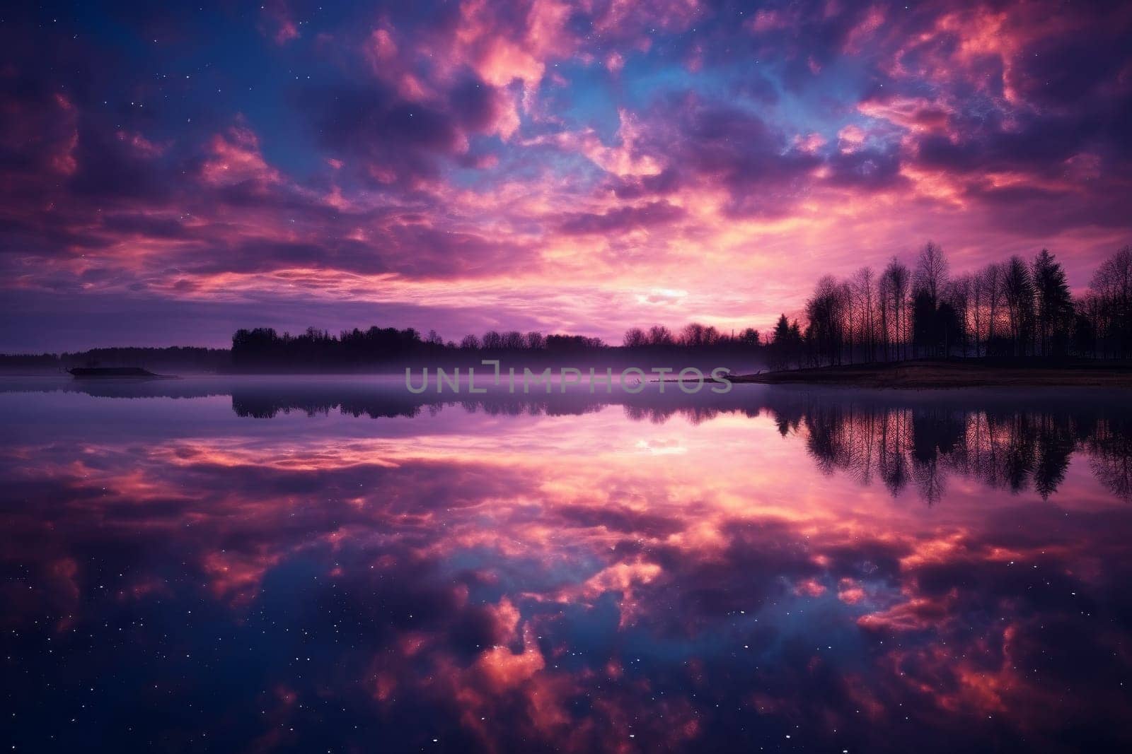 Beautiful purple sky reflecting in calm waters. Generative AI