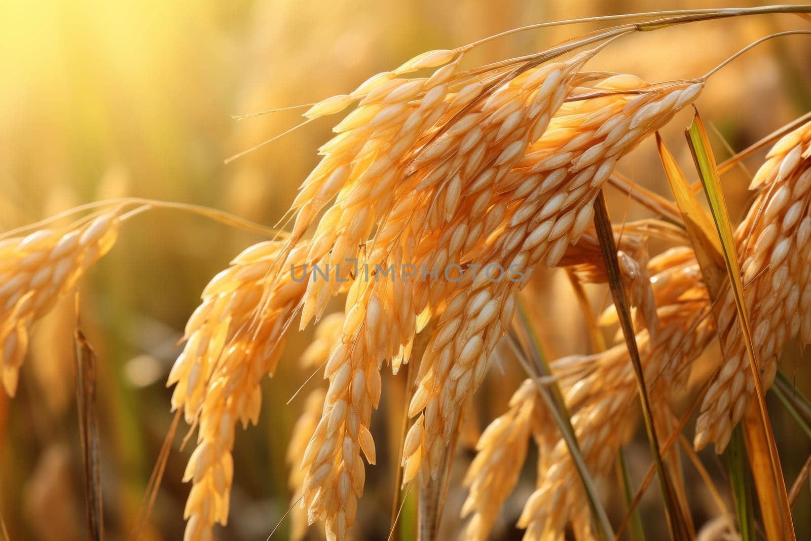 Rice stalks heavy with ripe grains, ready for harvest in a paddy field. Generative AI
