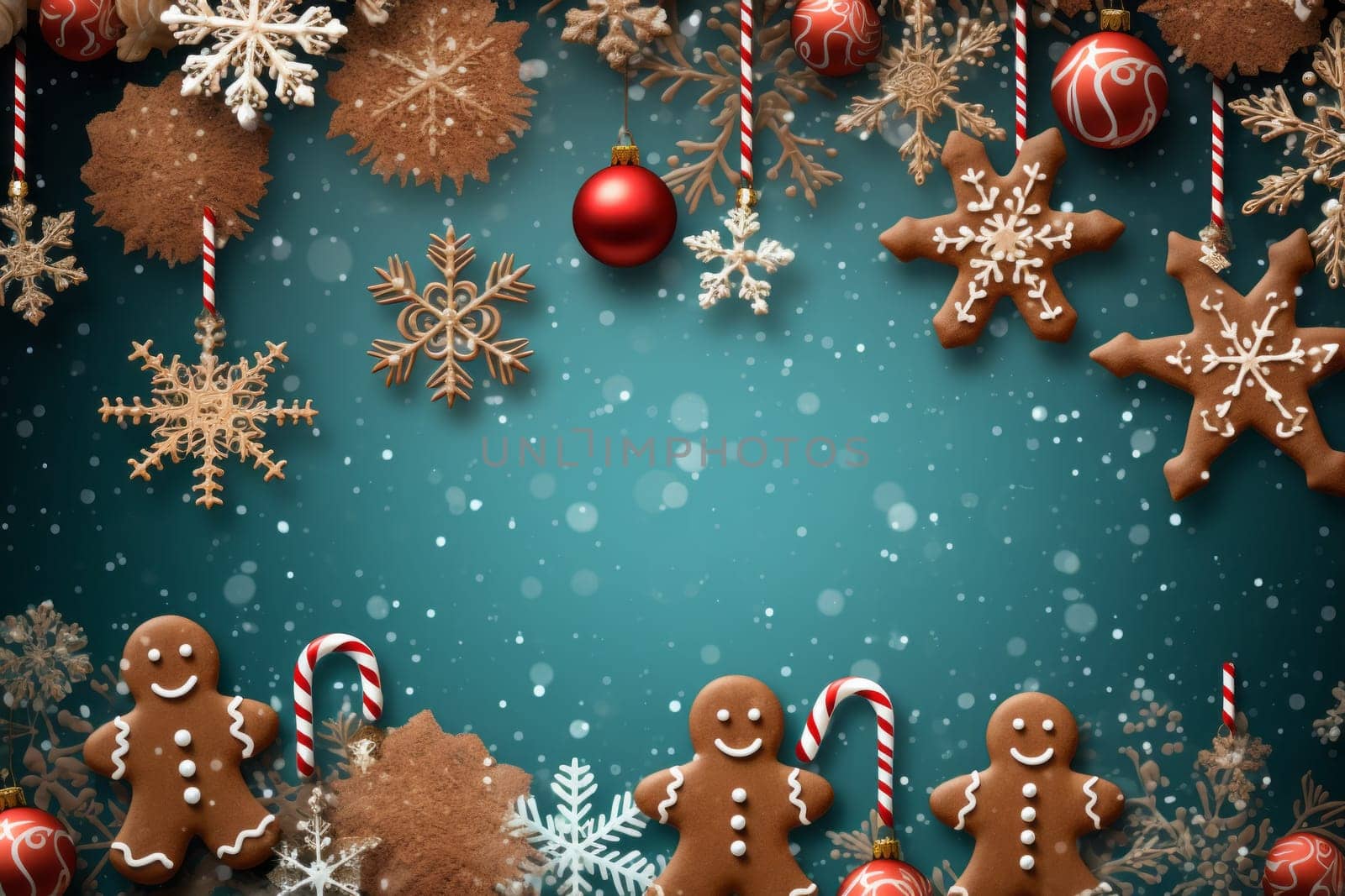 Christmas background with gingerbreads and candy canes. Generative AI