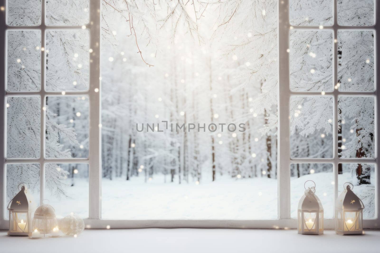 Snowy window scene Christmas theme. Generative AI