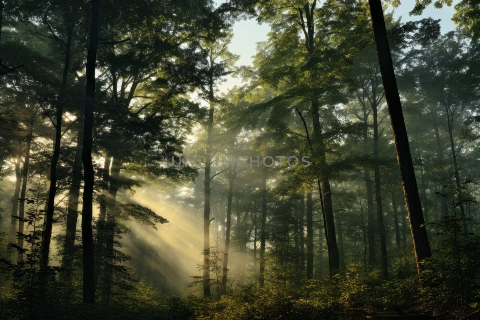 Morning Light Kissing Forest Treetops. Generative AI