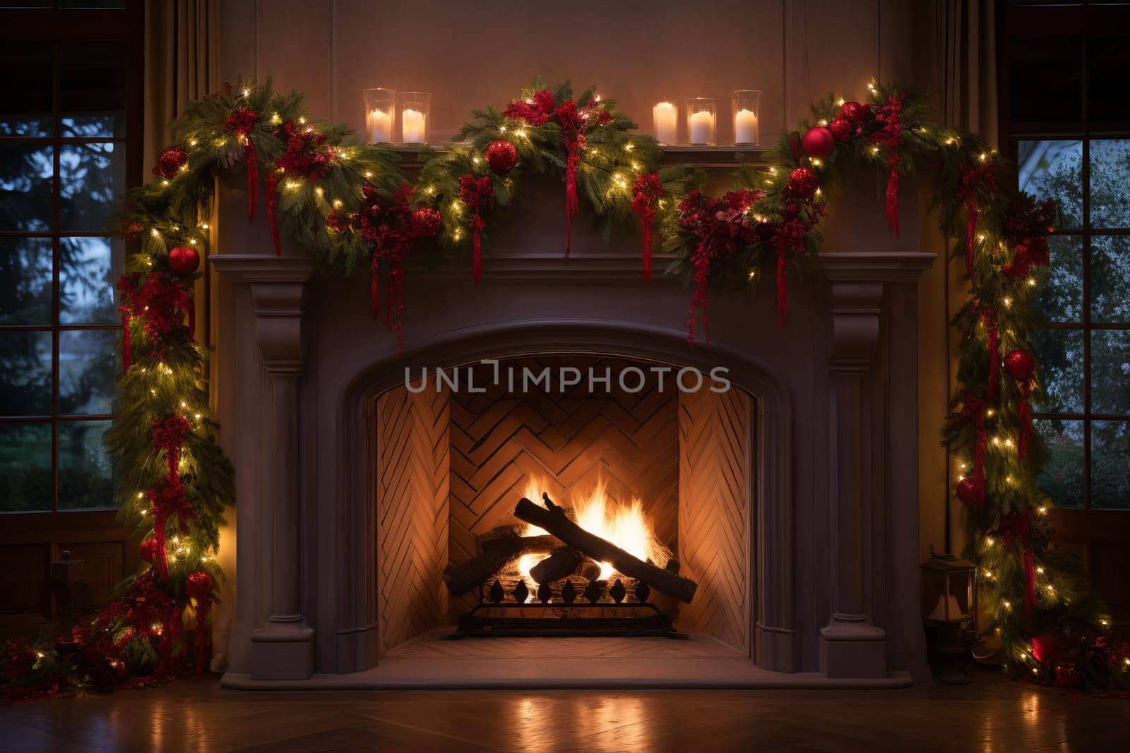 Fireplace decorated with christmas lights and garland. Generative AI