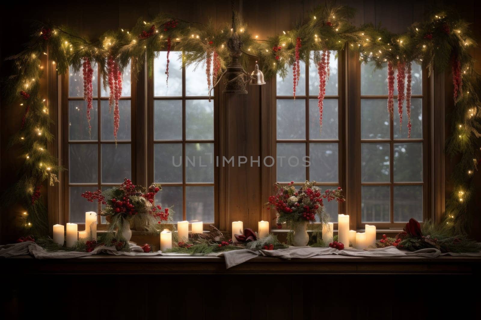 Table topped with lots of candles next to a window. Generative AI